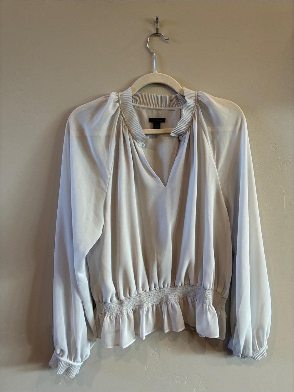 Ann Taylor Light Gray Ruffled Smocked-Waist Blouse